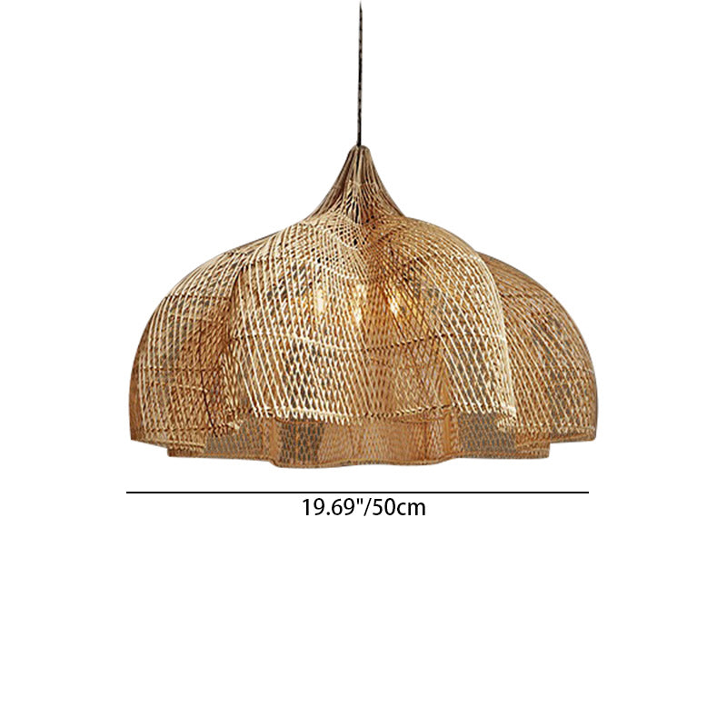 Traditional Japanese Corrugated Rattan Weaving Shade 1-Light Pendant Light For Dining Room