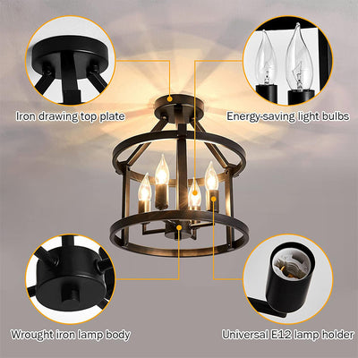 Traditional Farmhouse Iron Circle Ring Candlestick 4-Light Semi-Flush Mount Ceiling Light For Living Room