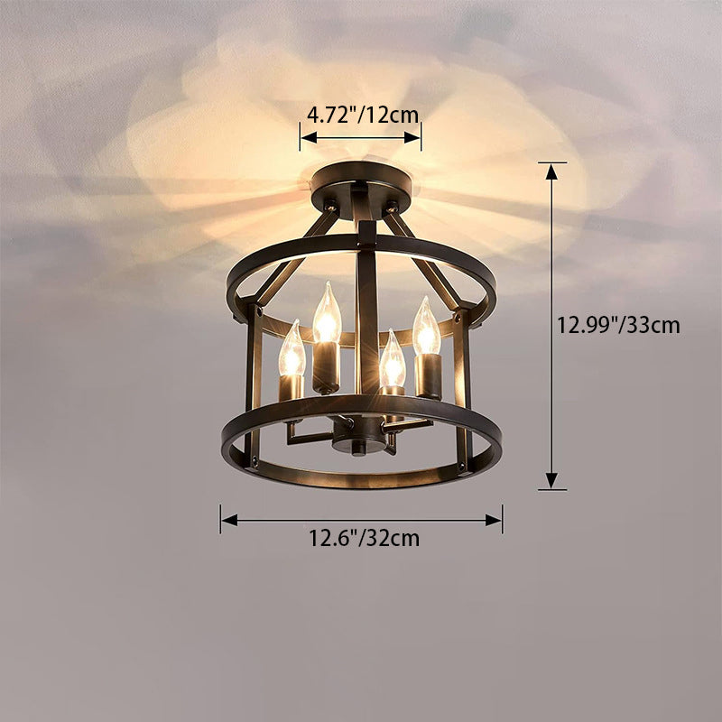 Traditional Farmhouse Iron Circle Ring Candlestick 4-Light Semi-Flush Mount Ceiling Light For Living Room