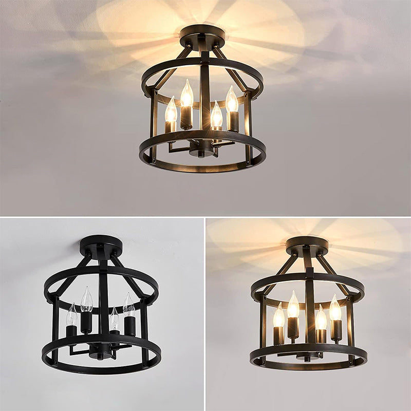 Traditional Farmhouse Iron Circle Ring Candlestick 4-Light Semi-Flush Mount Ceiling Light For Living Room