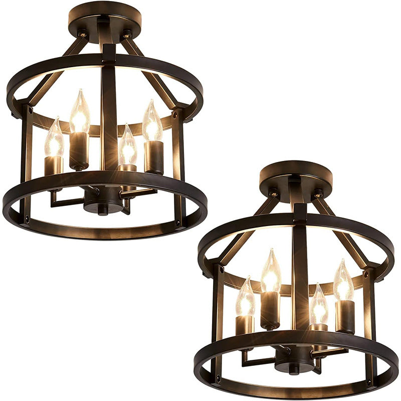 Traditional Farmhouse Iron Circle Ring Candlestick 4-Light Semi-Flush Mount Ceiling Light For Living Room