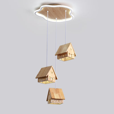 Traditional Japanese Cartoon Wooden House 1/3-Light Chandelier For Living Room