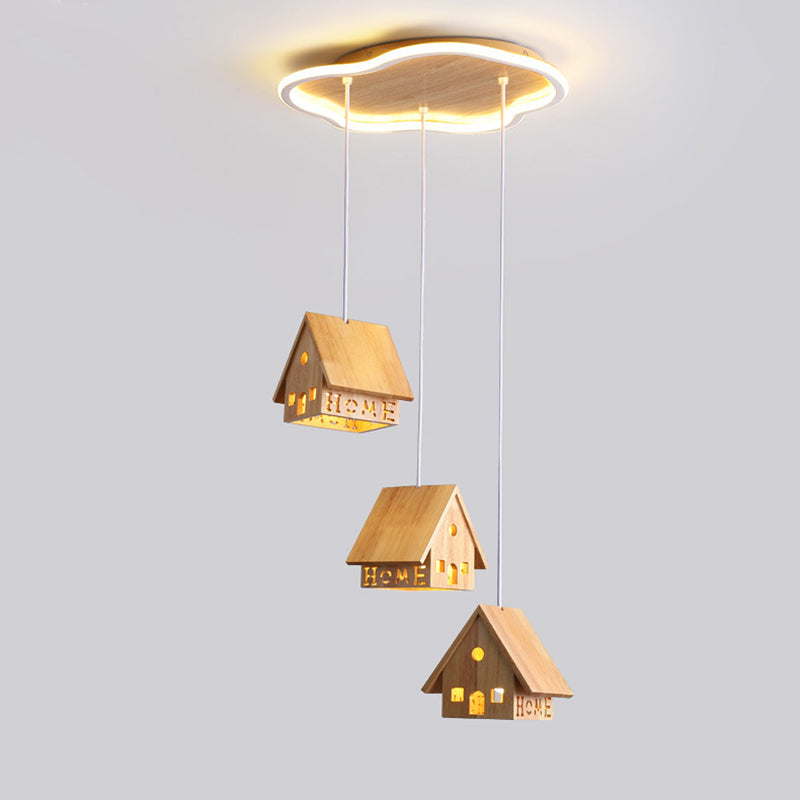 Traditional Japanese Cartoon Wooden House 1/3-Light Chandelier For Living Room