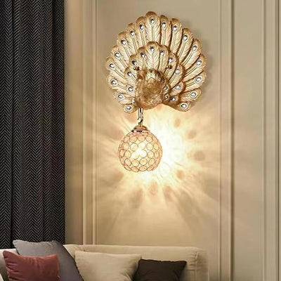 Contemporary Luxury Resin Peacock Crystal Round 1-Light Wall Sconce Lamp For Living Room