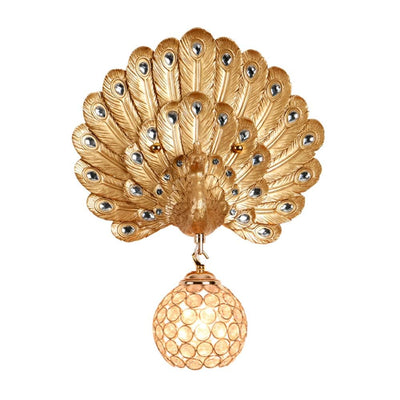 Contemporary Luxury Resin Peacock Crystal Round 1-Light Wall Sconce Lamp For Living Room