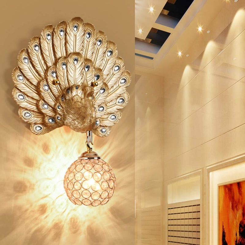 Contemporary Luxury Resin Peacock Crystal Round 1-Light Wall Sconce Lamp For Living Room