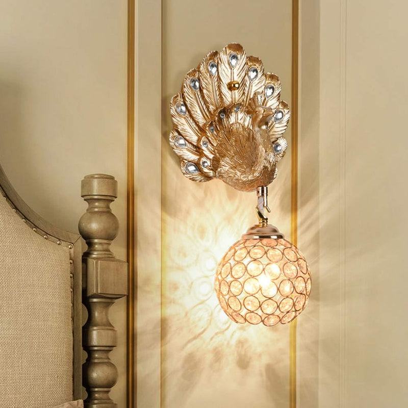 Contemporary Luxury Resin Peacock Crystal Round 1-Light Wall Sconce Lamp For Living Room