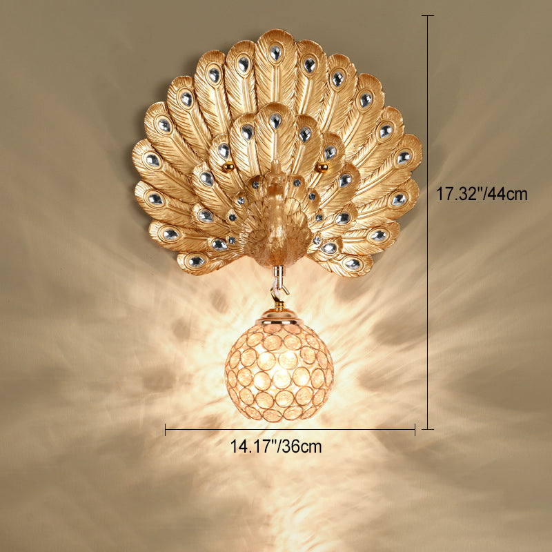 Contemporary Luxury Resin Peacock Crystal Round 1-Light Wall Sconce Lamp For Living Room