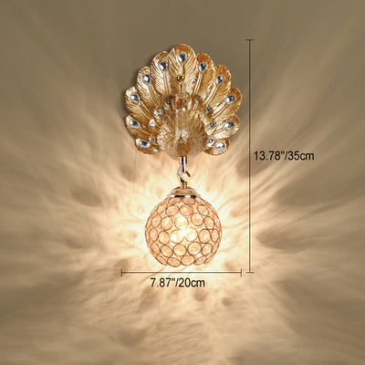 Contemporary Luxury Resin Peacock Crystal Round 1-Light Wall Sconce Lamp For Living Room