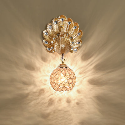 Contemporary Luxury Resin Peacock Crystal Round 1-Light Wall Sconce Lamp For Living Room