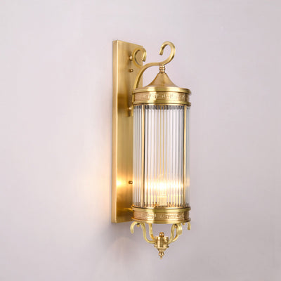 Contemporary Luxury Brass Frame Cylinder Water Pattern Glass Shade 3-Light Outdoor Wall Sconce Lamp For Garden