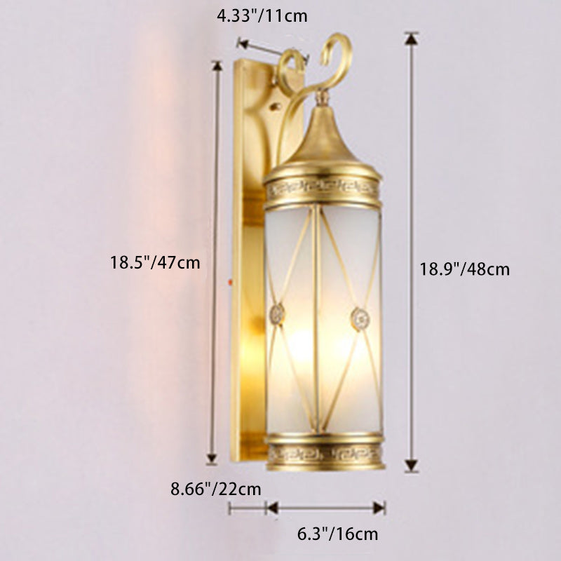 Contemporary Luxury Brass Frame Cylinder Water Pattern Glass Shade 3-Light Outdoor Wall Sconce Lamp For Garden