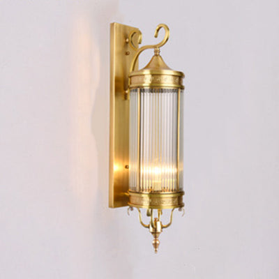 Contemporary Luxury Brass Frame Cylinder Water Pattern Glass Shade 3-Light Outdoor Wall Sconce Lamp For Garden