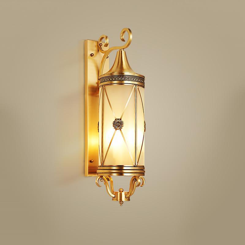 Contemporary Luxury Brass Frame Cylinder Water Pattern Glass Shade 3-Light Outdoor Wall Sconce Lamp For Garden