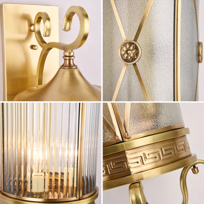 Contemporary Luxury Brass Frame Cylinder Water Pattern Glass Shade 3-Light Outdoor Wall Sconce Lamp For Garden