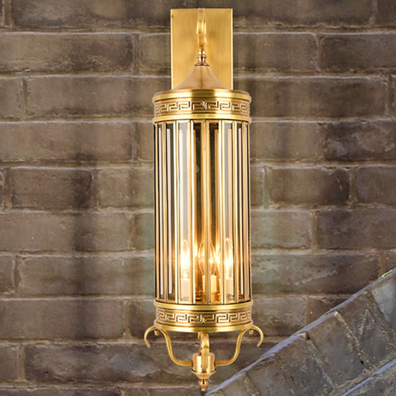 Contemporary Luxury Brass Frame Cylinder Water Pattern Glass Shade 3-Light Outdoor Wall Sconce Lamp For Garden