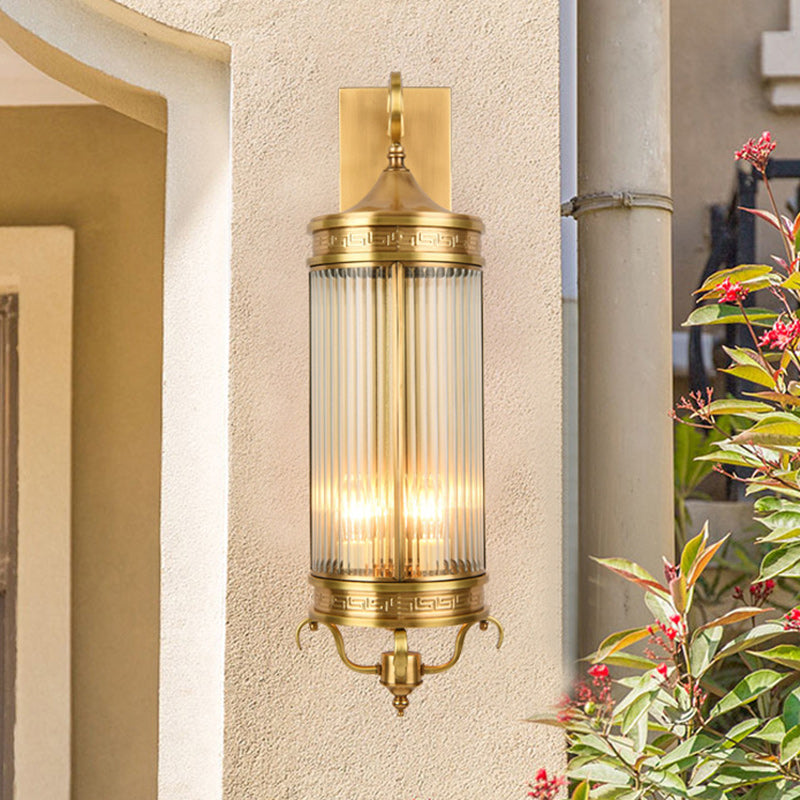 Contemporary Luxury Brass Frame Cylinder Water Pattern Glass Shade 3-Light Outdoor Wall Sconce Lamp For Garden