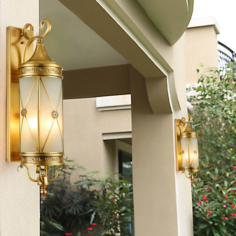 Contemporary Luxury Brass Frame Cylinder Water Pattern Glass Shade 3-Light Outdoor Wall Sconce Lamp For Garden