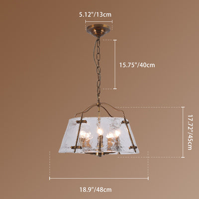 Traditional Rustic Full Copper Frame Candlestick Trapezoidal Glass Shade 5-Light Chandelier For Living Room