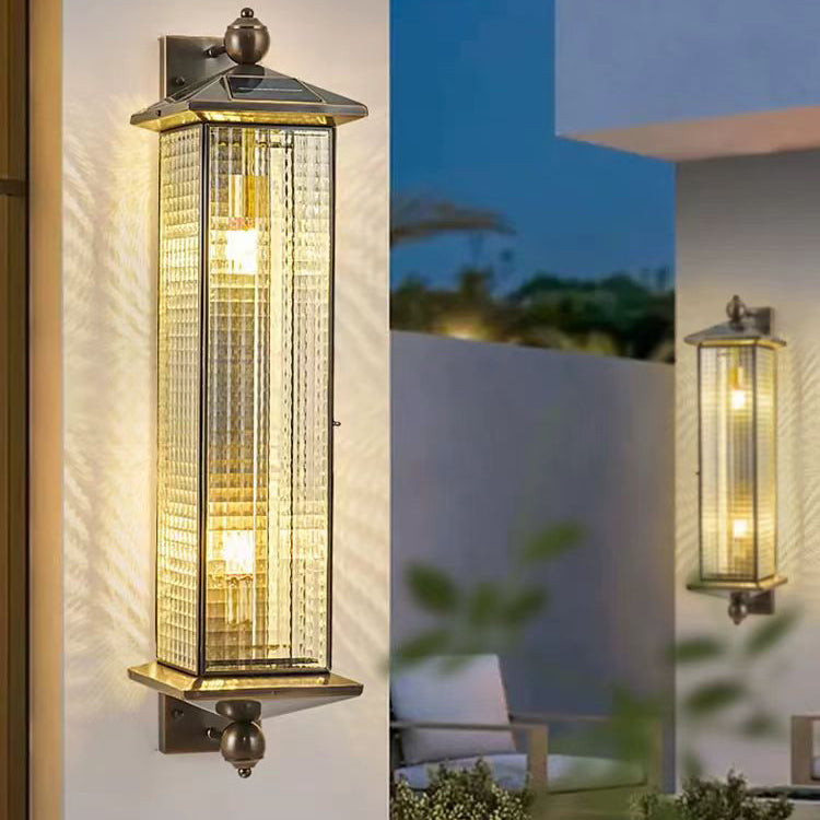 Zeitgenössische Luxus Messing Säule gehärtetem Glas Schatten 2-Licht Outdoor Wandleuchte Lampe für Garten 