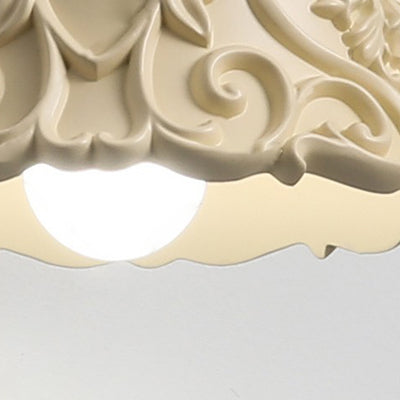 Traditional Japanese Solid Wood Flower Pattern Resin Carving Round 1-Light Pendant Light For Bedside