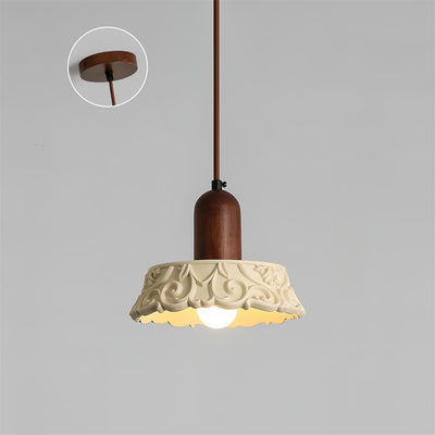 Traditional Japanese Solid Wood Flower Pattern Resin Carving Round 1-Light Pendant Light For Bedside