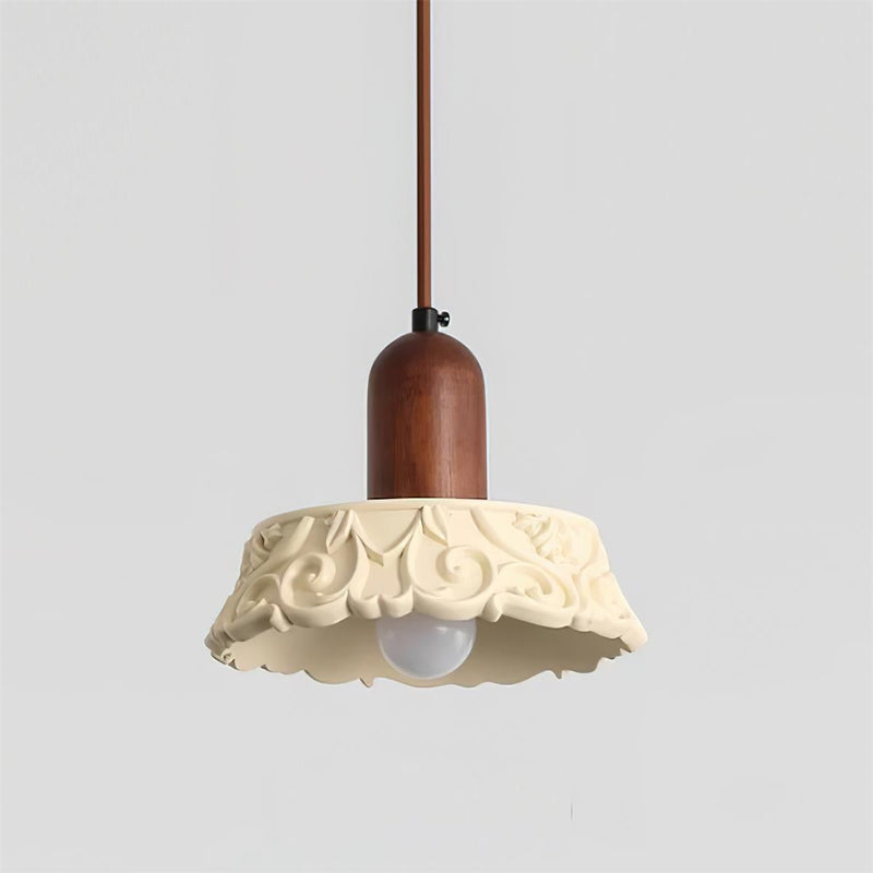 Traditional Japanese Solid Wood Flower Pattern Resin Carving Round 1-Light Pendant Light For Bedside