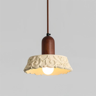 Traditional Japanese Solid Wood Flower Pattern Resin Carving Round 1-Light Pendant Light For Bedside