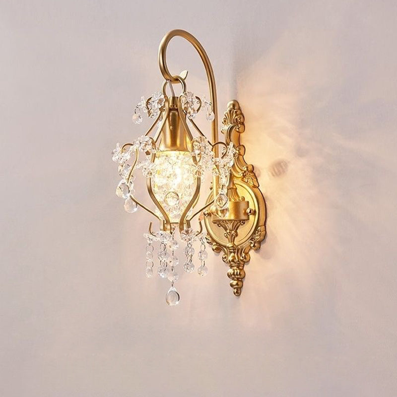 Contemporary Luxury Curved Iron Frame Crystal Decoration 1-Light Wall Sconce Lamp For Living Room