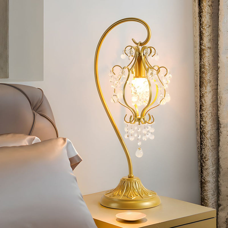 Contemporary Luxury Curved Iron Frame Crystal Decoration 1-Light Table Lamp For Bedroom