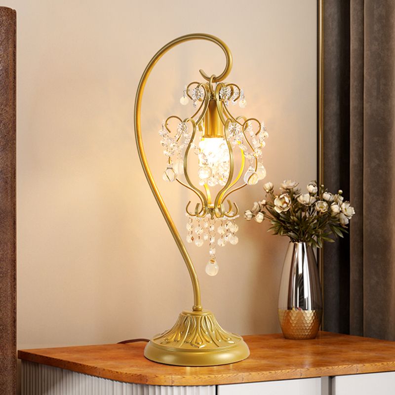 Contemporary Luxury Curved Iron Frame Crystal Decoration 1-Light Table Lamp For Bedroom