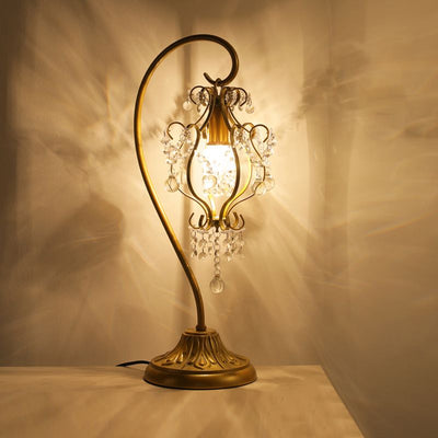 Contemporary Luxury Curved Iron Frame Crystal Decoration 1-Light Table Lamp For Bedroom