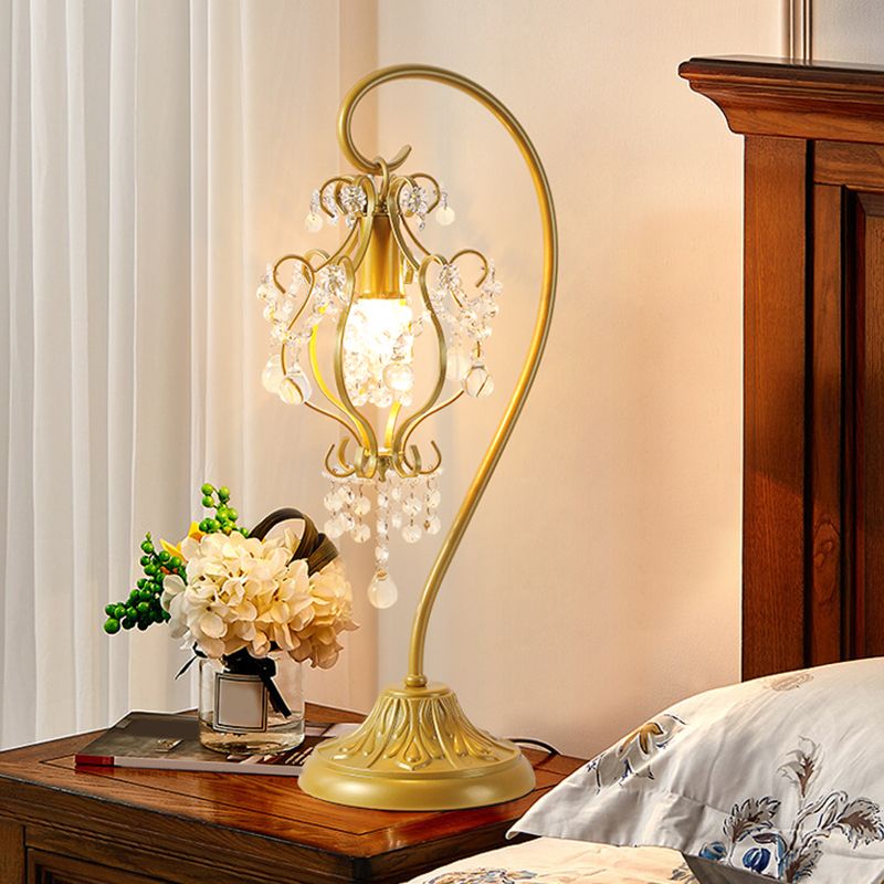 Contemporary Luxury Curved Iron Frame Crystal Decoration 1-Light Table Lamp For Bedroom