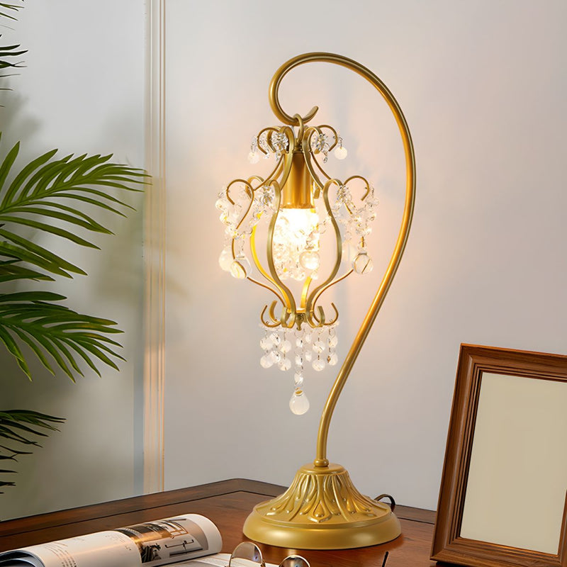 Contemporary Luxury Curved Iron Frame Crystal Decoration 1-Light Table Lamp For Bedroom