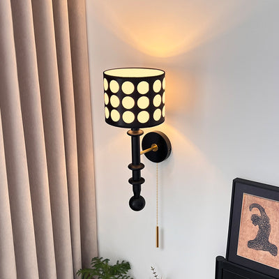 Traditional French White Polka Dot Fabric Shade Walnut Wood 1-Light Wall Sconce Lamp For Living Room