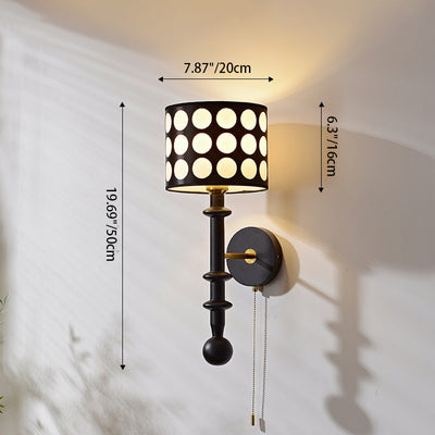 Traditional French White Polka Dot Fabric Shade Walnut Wood 1-Light Wall Sconce Lamp For Living Room