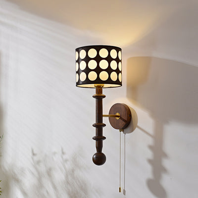 Traditional French White Polka Dot Fabric Shade Walnut Wood 1-Light Wall Sconce Lamp For Living Room