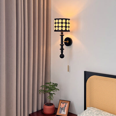 Traditional French White Polka Dot Fabric Shade Walnut Wood 1-Light Wall Sconce Lamp For Living Room