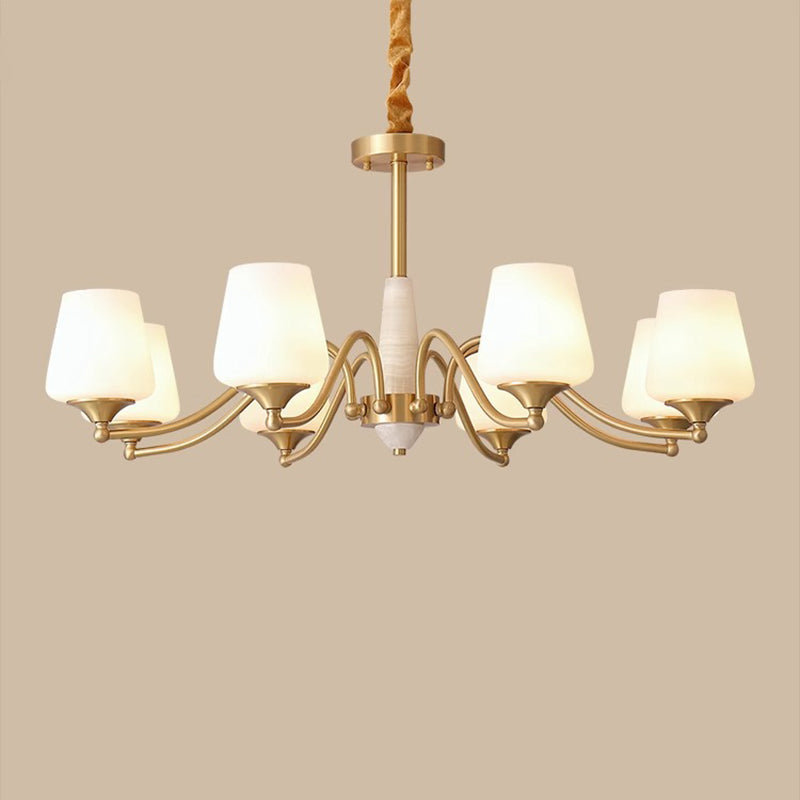 Traditional French Full Copper Jade Glass Cup Shade 5/6/8-Light Chandelier For Living Room