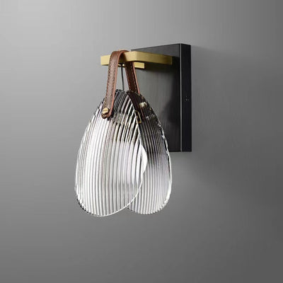 Contemporary Nordic Leather Vertical Striped Glass Round Shade 1-Light Wall Sconce Lamp For Bedroom