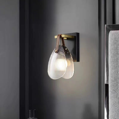 Contemporary Nordic Leather Vertical Striped Glass Round Shade 1-Light Wall Sconce Lamp For Bedroom