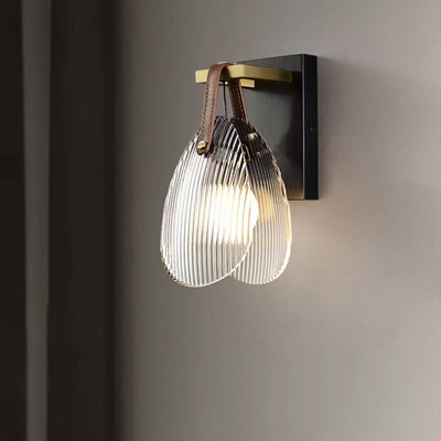 Contemporary Nordic Leather Vertical Striped Glass Round Shade 1-Light Wall Sconce Lamp For Bedroom