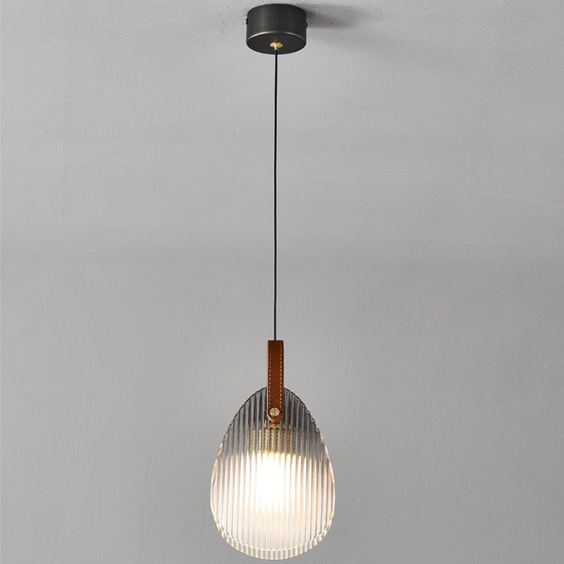 Contemporary Nordic Leather Vertical Striped Glass Round Shade 1-Light Pendant Light For Bedroom