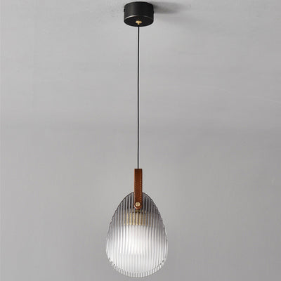 Contemporary Nordic Leather Vertical Striped Glass Round Shade 1-Light Pendant Light For Bedroom