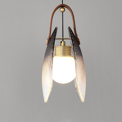 Contemporary Nordic Leather Vertical Striped Glass Round Shade 1-Light Pendant Light For Bedroom