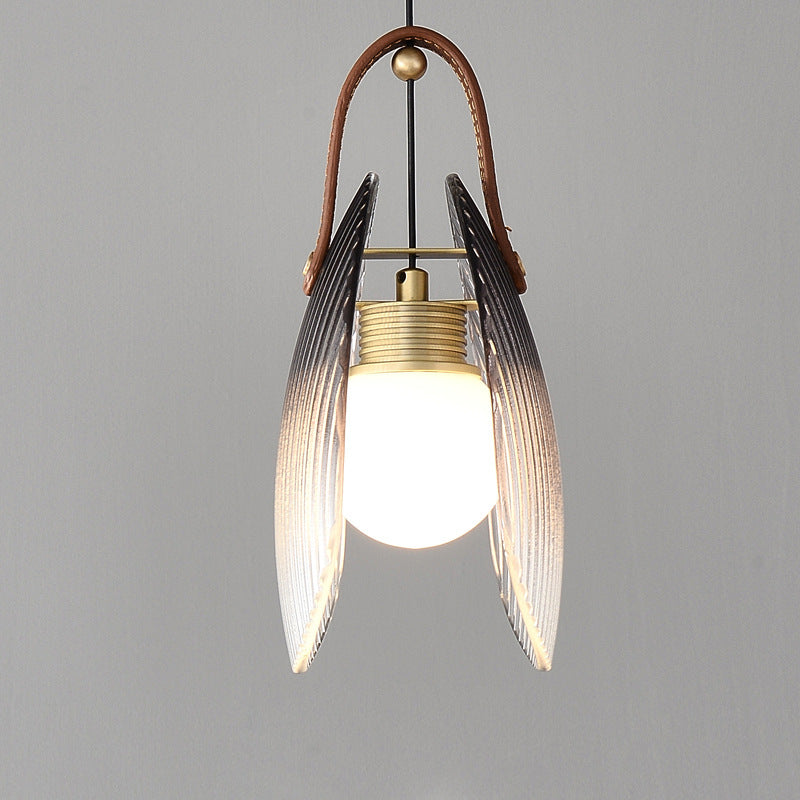 Contemporary Nordic Leather Vertical Striped Glass Round Shade 1-Light Pendant Light For Bedroom