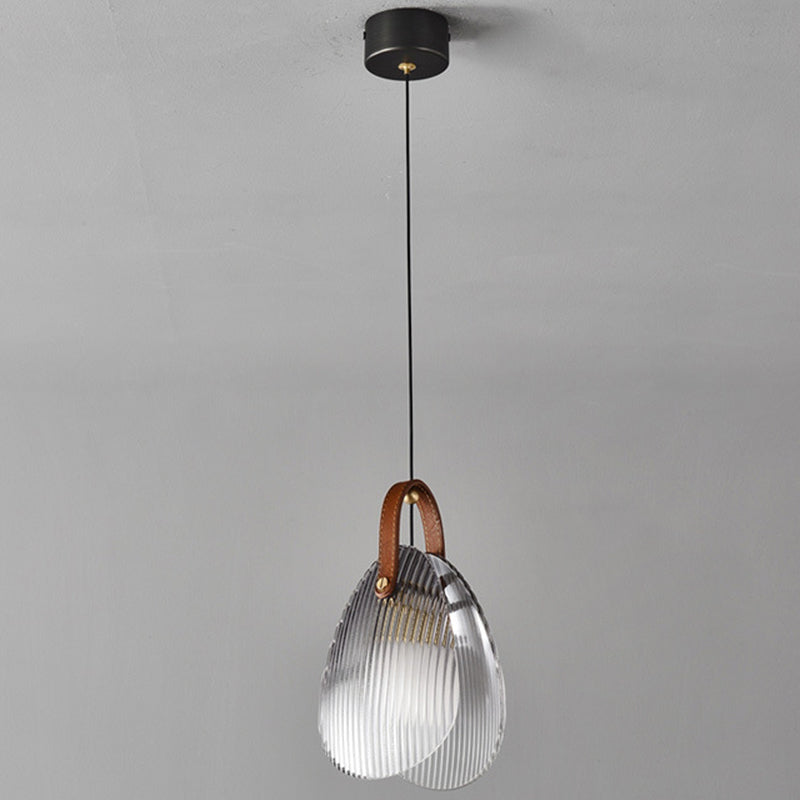 Contemporary Nordic Leather Vertical Striped Glass Round Shade 1-Light Pendant Light For Bedroom