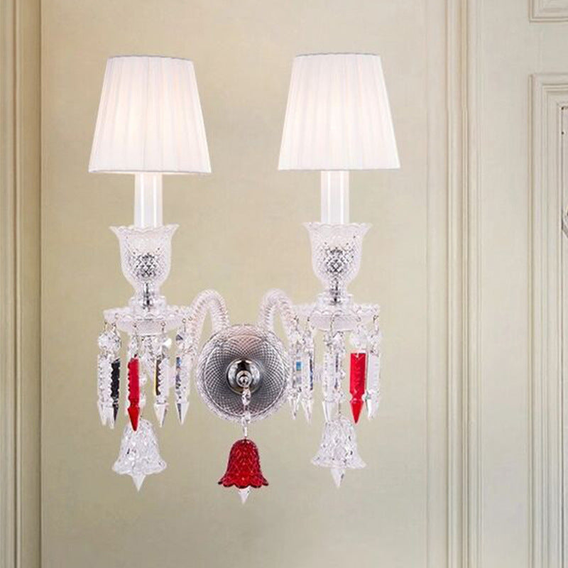 Traditional European Glass Crystal Candlestick Fabric Shade 1/2-Light Wall Sconce Lamp For Living Room