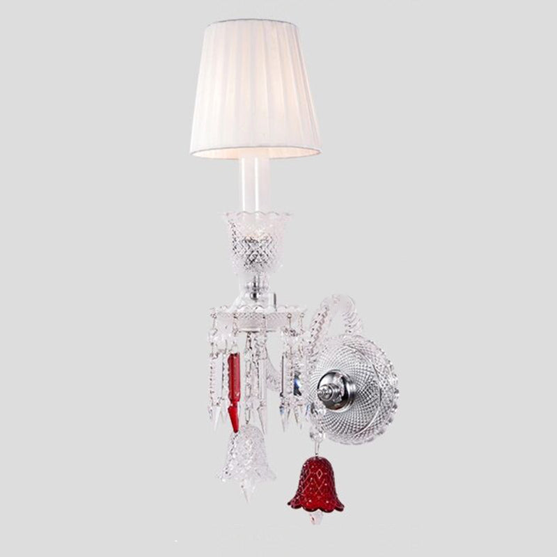 Traditional European Glass Crystal Candlestick Fabric Shade 1/2-Light Wall Sconce Lamp For Living Room