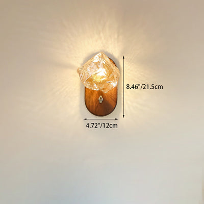 Traditional Japanese Ash Wood Ice Cube Texture Glass Shade 1-Light Wall Sconce Lamp For Living Room